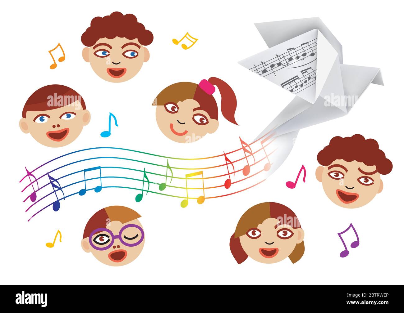 Le chœur d'enfants et le papier sont doués de notes musicales. Illustration stylisée du chœur d'enfants avec pigeon d'origami et vague avec des notes musicales. Illustration de Vecteur