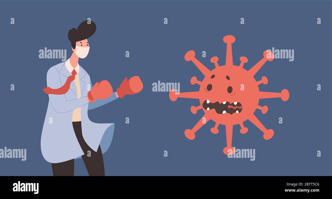 Un jeune médecin en uniforme et masque protecteur lutte avec l'illustration plate effrayée du vecteur cellulaire du coronavirus. Lutte contre le concept de bannière Covid-19. Un travailleur médical courageux et une cellule covid effrayée. Illustration de Vecteur
