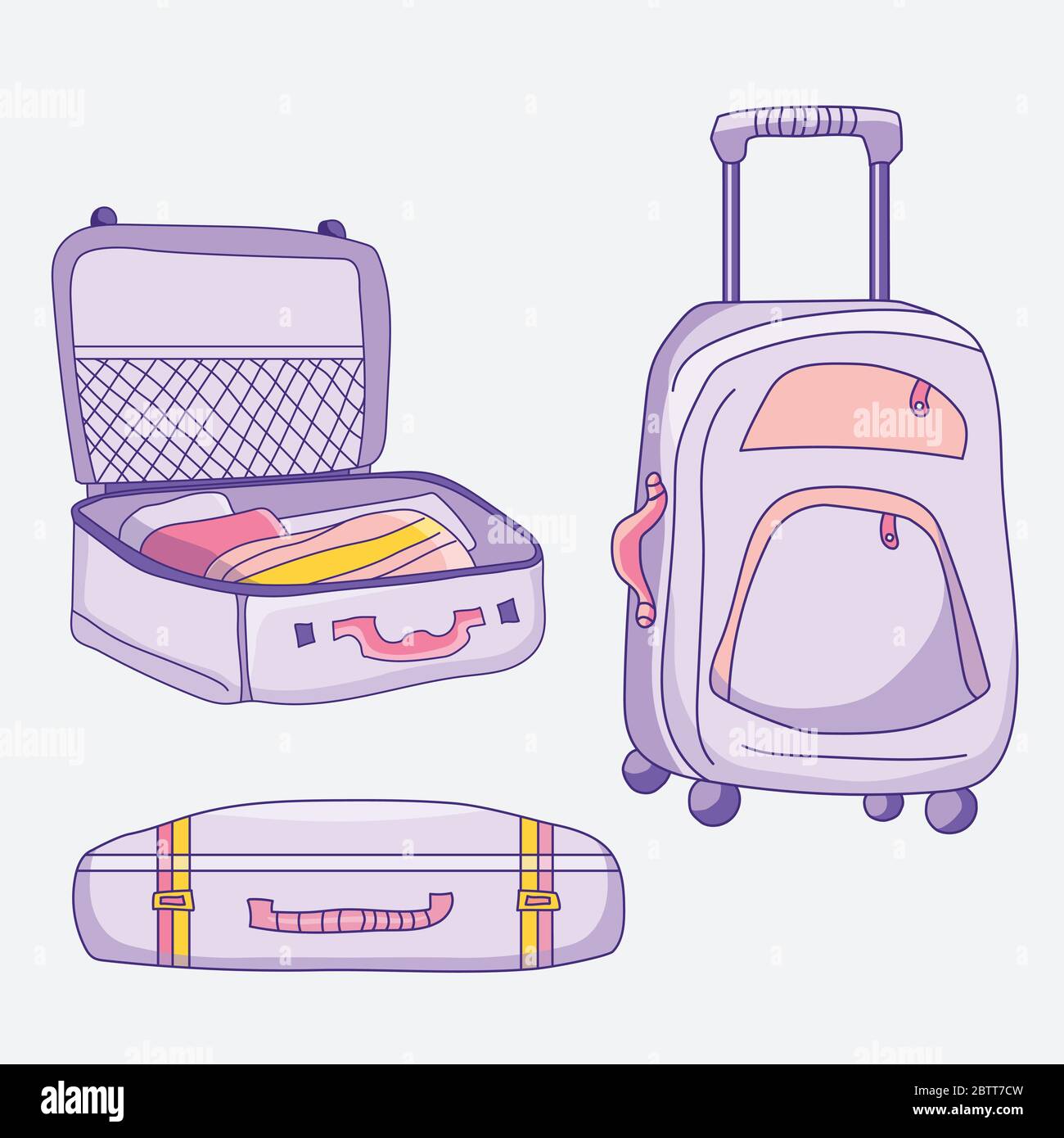 Image vectorielle des bagages. Différentes valises - ouvertes, fermées, avec des choses, debout, sur des roues de couleur violet-rose Illustration de Vecteur