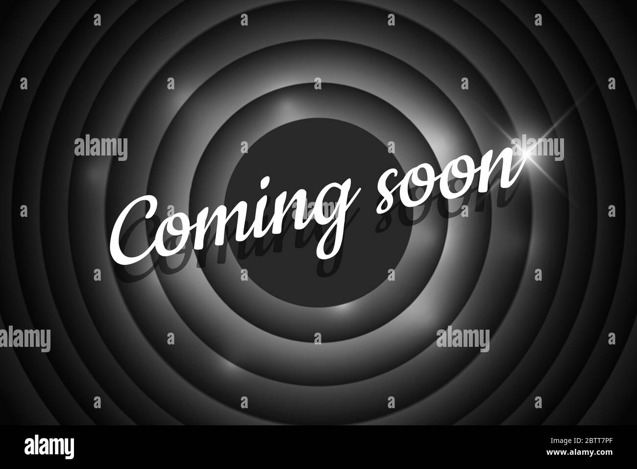 Bientôt disponible titre de style noir et blanc calligraphique sur fond de cercle. Écran d'annonce de la promotion ronde de films de cinéma ancien. Scénario rétro vecteur publicité noir poster modèle eps illustration Illustration de Vecteur