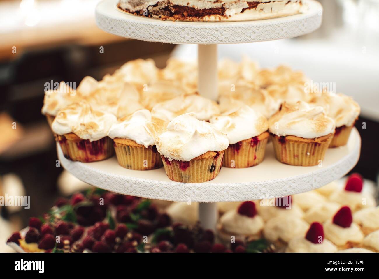 Délicieux petits gâteaux servis sur les plateaux du buffet. Divers desserts au gâteau de fête. Concept de célébration, fête, anniversaire ou mariage. Banque D'Images