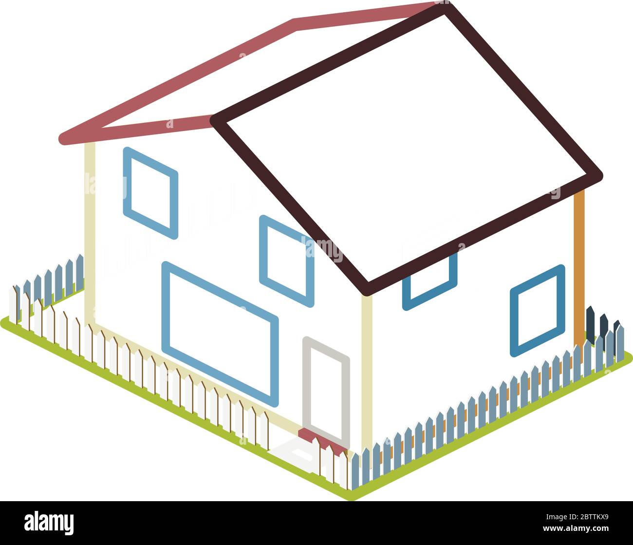 Maison isométrique simple avec cour et clôture de piquetage Illustration de Vecteur
