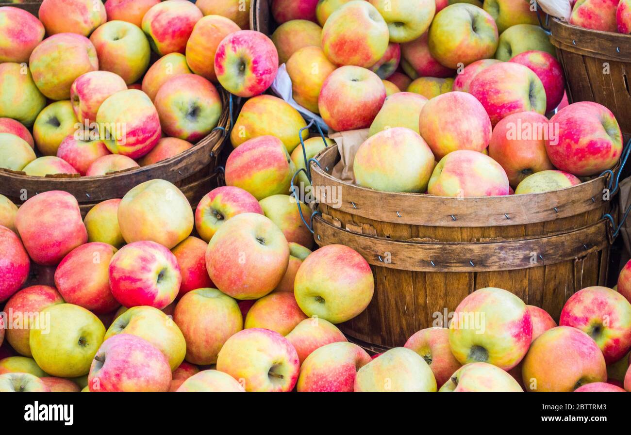 gros plan plein cadre de pommes mûres rouges et vertes dans des seaux en bois sur un marché agricole local Banque D'Images