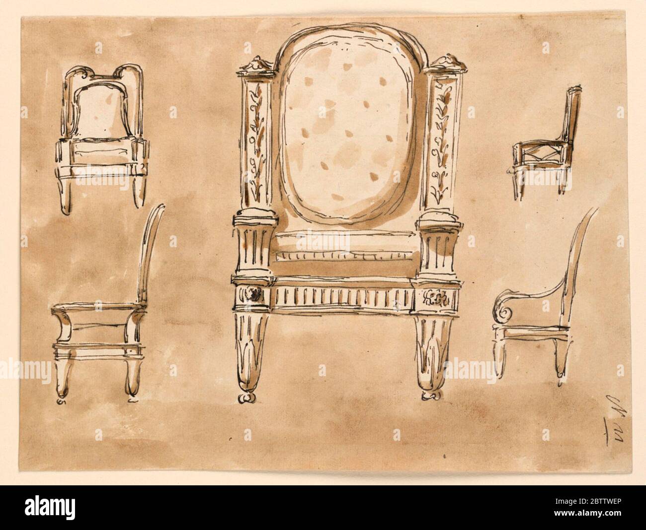 Chaises. Recherche en ProgressDans le centre est un fauteuil, vu de l'avant, avec un siège rembourré et un dos ovale. Les supports des bras ont une forme de triglyphe. Le dos est doté de deux piliers latéraux avec un candélabre floral. Banque D'Images