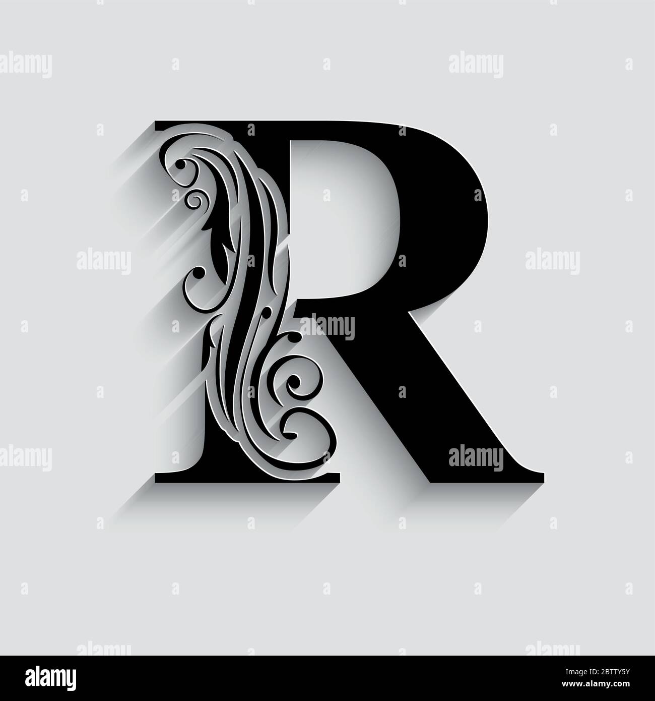 Lettre R. alphabet floral noir. Belle lettre majuscule avec ombre Illustration de Vecteur