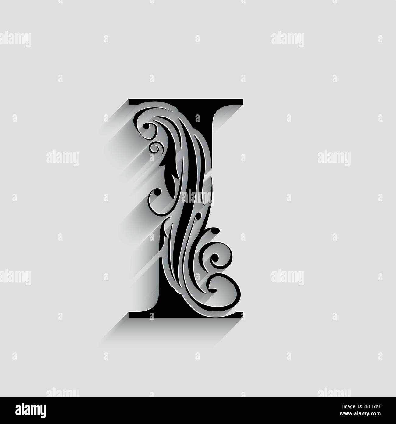 Lettre I. alphabet floral noir. Belle lettre majuscule avec ombre ...