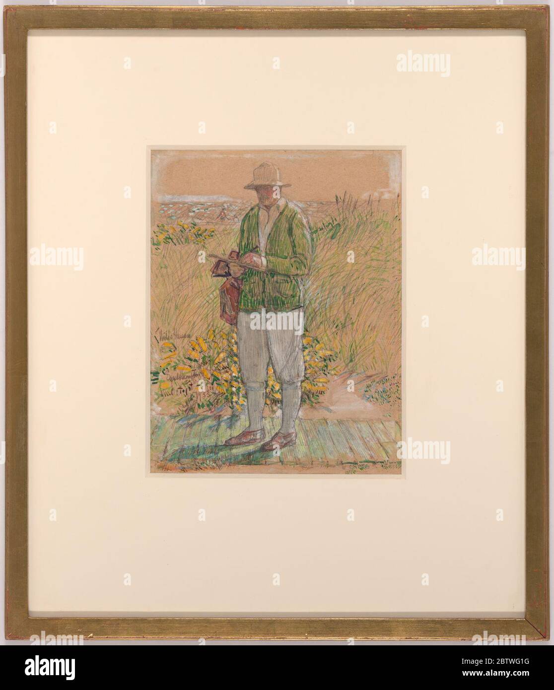 Childe Hassam Selfportrait. Childe Hassam 1859-1935le autoportrait de Childe Hassam, qui représente l'artiste sur la promenade du Maidstone Beach Club, a combiné ses deux amours, l'art-faire et le paysage de East Hampton. Banque D'Images