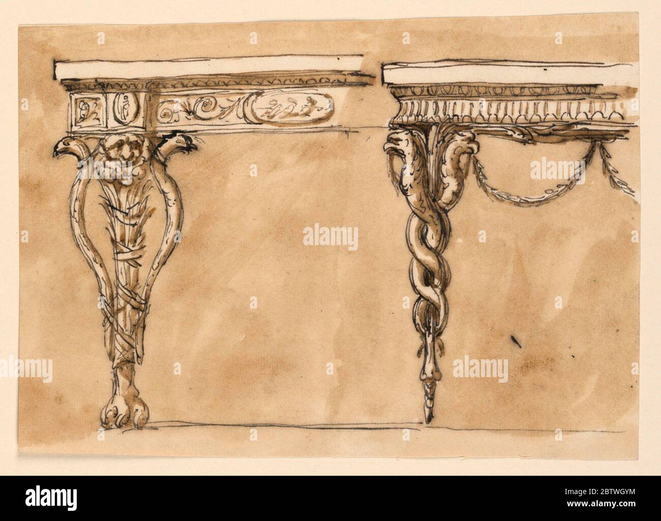 Tables de console. Recherche dans ProgressTWo côtés gauche. À gauche, le support a un pied de lion, au-dessus duquel se trouve un groupe de branches de paume attachées par des rubans. Un masque est en haut. Deux serpents, incurvés vers l'extérieur et vus en profil, sont attachés à elle, en dessous par les mêmes rubans, au-dessus par les pentes. Banque D'Images