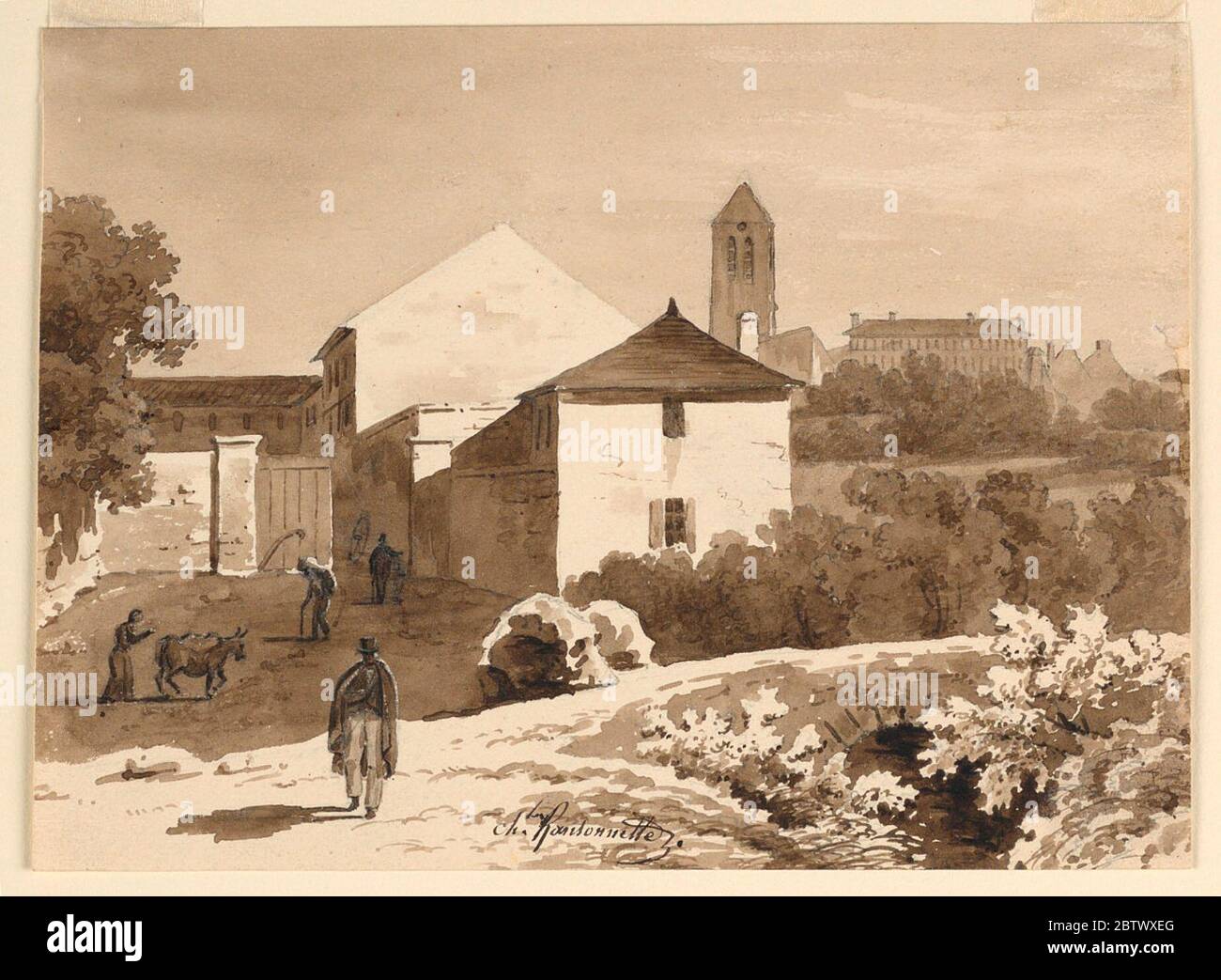 Dans une ville de campagne. La recherche sur la route sinueuse de Progressa est montrée dans le premier avion avec un homme marchant dessus. La porte et les bâtiments d'une grande ferme sont à gauche, un groupe de bâtiments sur une colline, qui comprend une église et une institution sont dans le fond droit. Banque D'Images