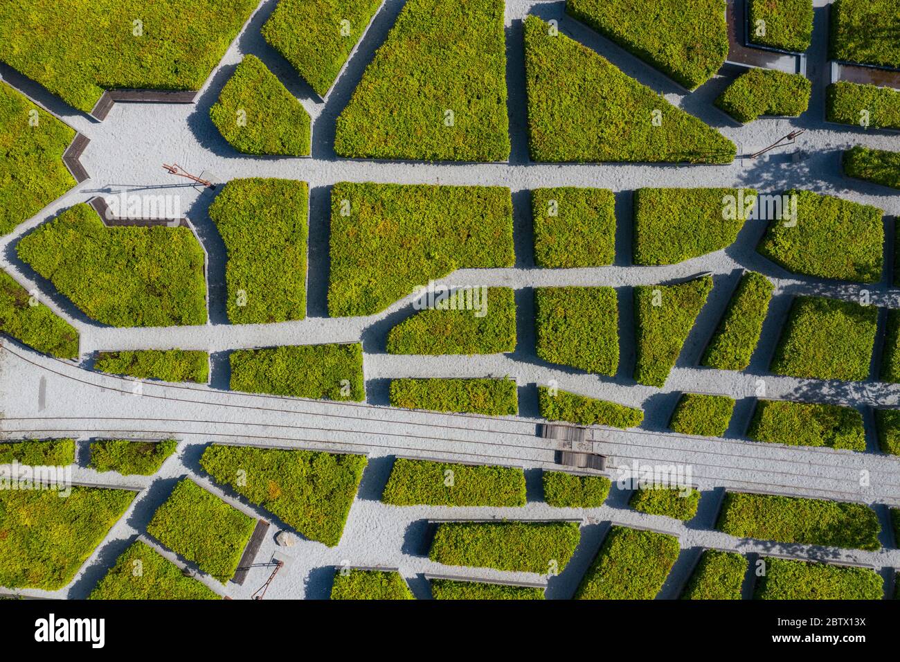 Labyrinthe vert dans le jardin labyrinthe de symétrie géométrique vue aérienne de drone Banque D'Images