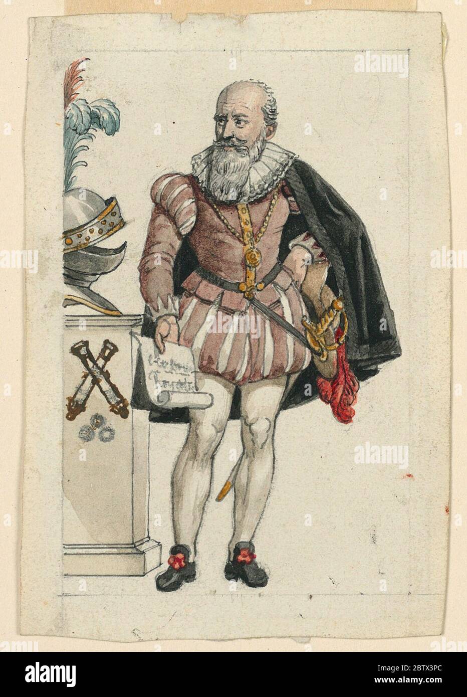 Design pour un Valet à cartes ou un Valet de coeurs. Les recherches dans ProgressSully sont présentées à côté d'un piédestal sur lequel repose un casque. Il porte un rouleau de papier avec une inscription dont 'Roy' est intelligible. Banque D'Images