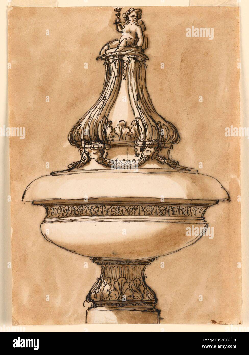 Concevoir une police baptismale. Recherche dans la variation de Progressa de -1408. Le personnel est un peu plus haut et en forme de balster cannelé avec une rangée de feuilles en dessous. Dans la partie inférieure du lif sont des festoons, soutenus par les chérubins. Le piédestal est plus haut et décoré d'une rangée de feuilles, en dessous. Banque D'Images