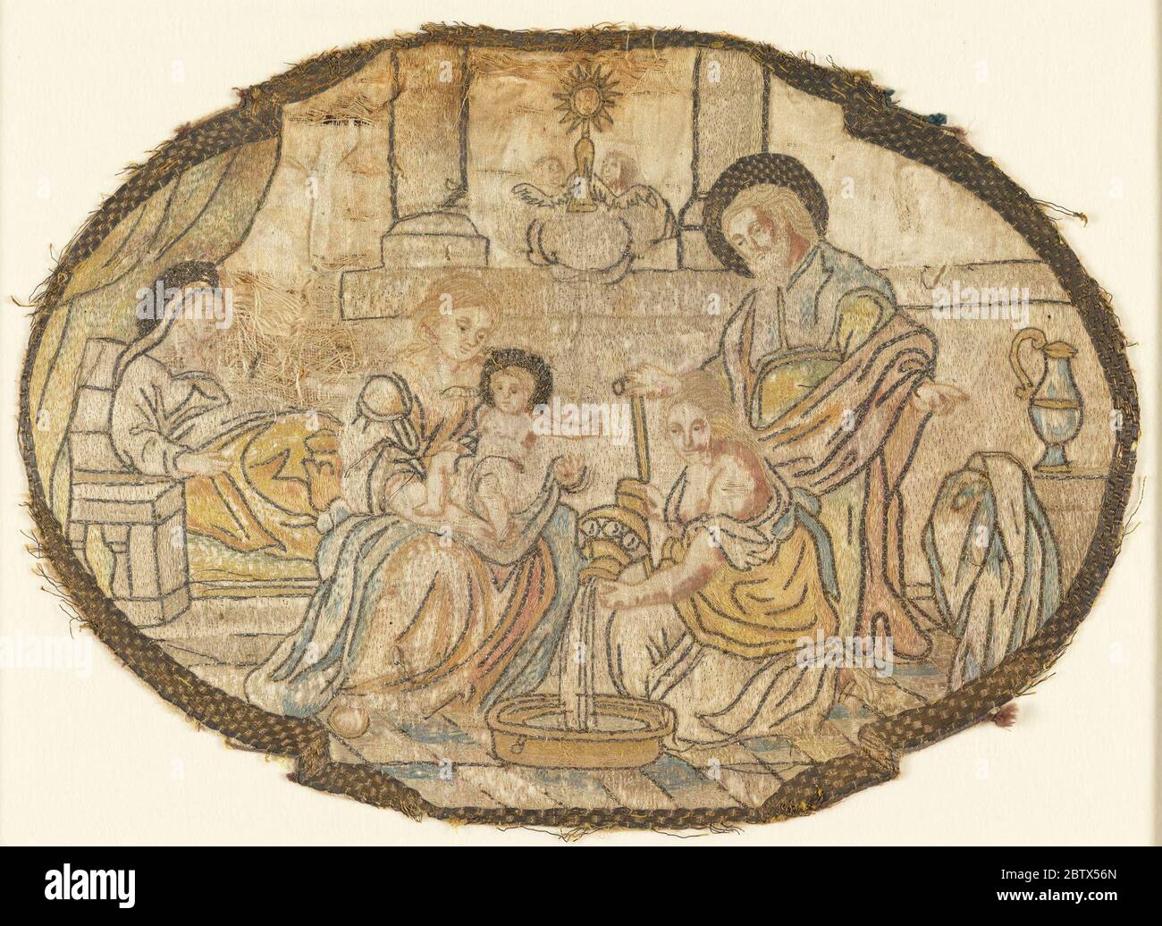 Image brodée. Recherche en scène ProgressReligious montrant le nouveau-né sur le point d'être lavé par deux préposés tandis que le père se tient et regarde, et la mère regarde de son lit d'accouchement. Symboles religieux dans le ciel. Banque D'Images