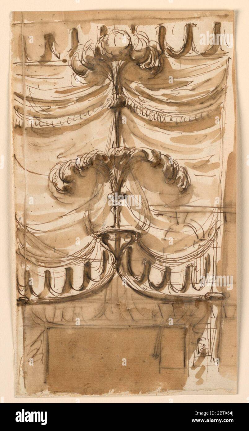 Design pour rideaux sur porte ou lit. Recherche en ProgressBelow est la partie supérieure d'une porte. La drapery a au-dessus et en dessous des lambrinines et des frises près du bord supérieur. Le cadre de porte est pointé au milieu; de là, se lève une sorte de candélabre avec des plumes en dessous et sur le dessus. Banque D'Images