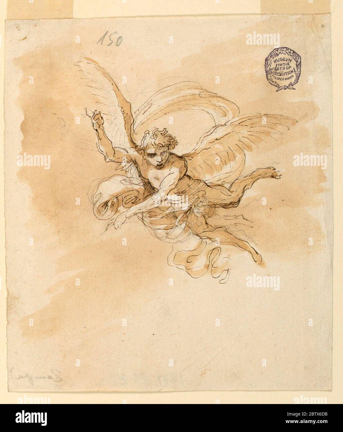 Un ange volant. La recherche dans ProgressHe est à la baisse. La main droite est relevée, la gauche abaissée. Banque D'Images