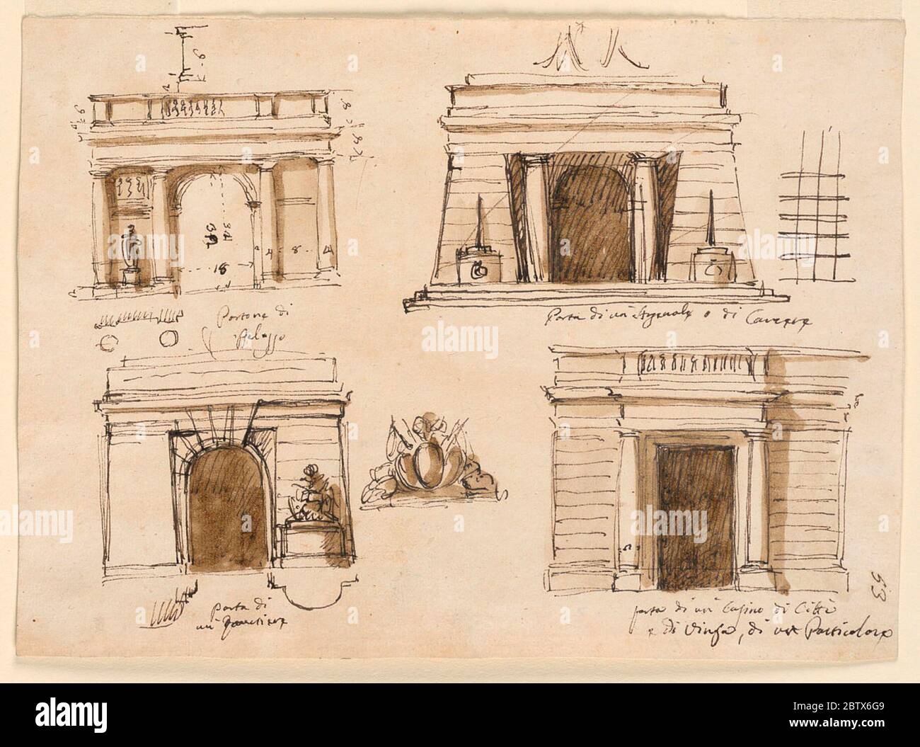 Quatre passerelles. Recherche en ProgressTop rangée: Section d'un dado; ornement. Deuxième rangée : élévation d'une porte d'un palais. Ouverture de porte en arc flanquée de panneaux muraux et de colonnes doriques. Les statues et les reliefs sont pour décorer les panneaux. Balustrade sur le dessus. Élévation d'une porte d'une prison. Banque D'Images