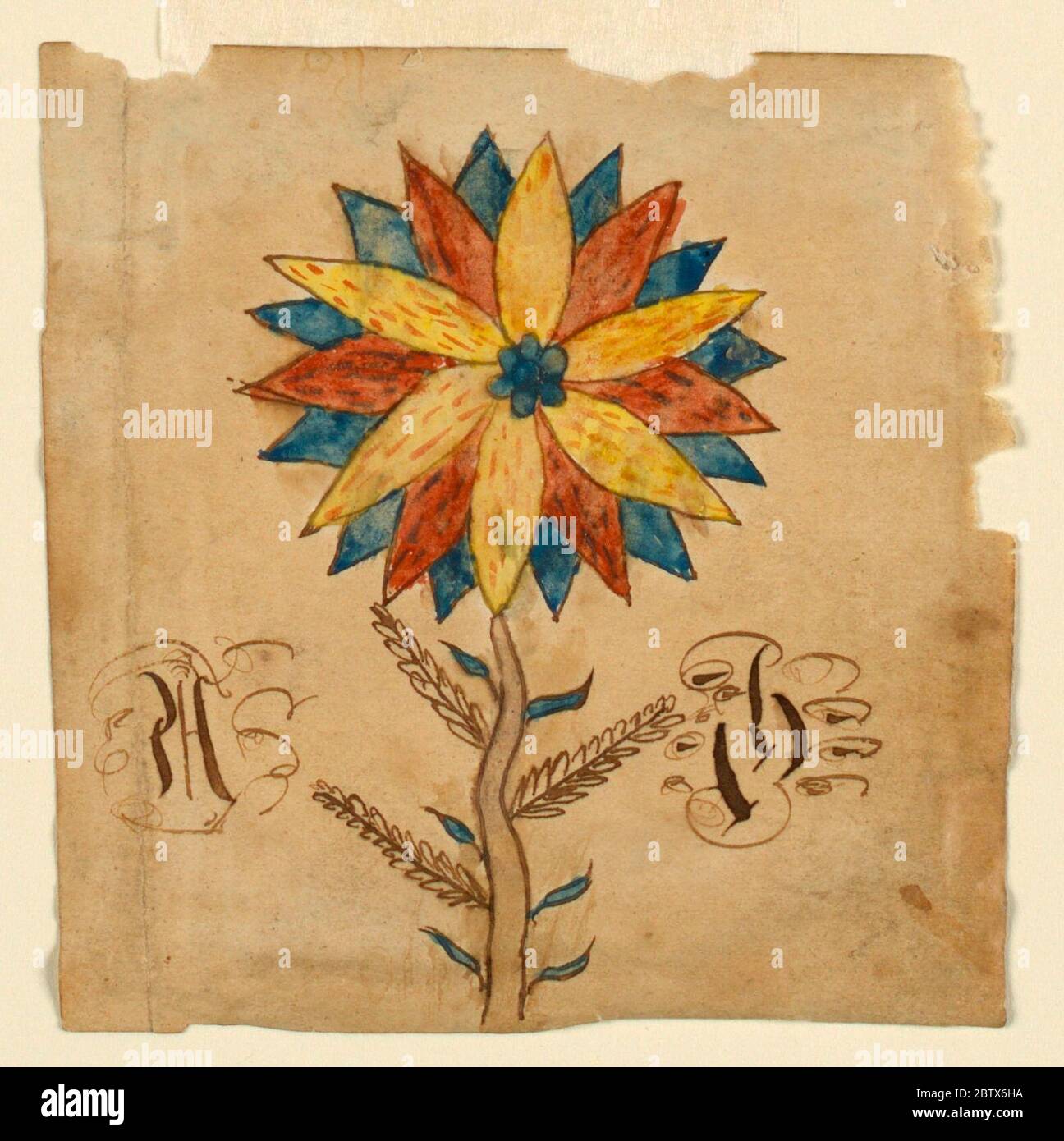 Fraktur UNE fleur et deux initiales. Recherche en ProgressSunburst fleur avec vingt-quatre pétales; 6 jaune, 6 rouge, 12 bleu, sur une tige marron avec des feuilles marron et bleues. Une initiale de chaque côté de la tige. Gauche, sur « H ». Forme appelée « signet ». Banque D'Images