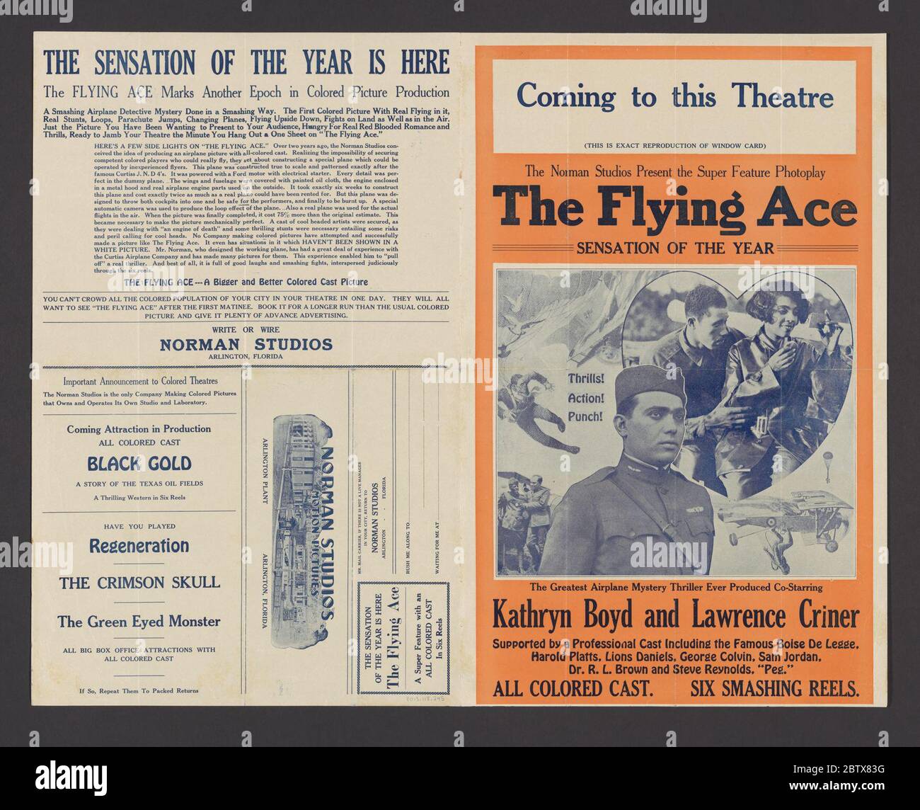 Herald pour The Flying Ace. Dans ce film de 1926, le pilote de chasse noir, le capitaine Billy Stokes, joué par Laurence Criner, revient de la première Guerre mondiale un héros et reprend sa carrière civile comme détective de chemin de fer. Le rôle du pilote Ruth Sawtelle, joué par Kathryn Boyd, est inspiré par l'aviateur Bessie Coleman. Banque D'Images