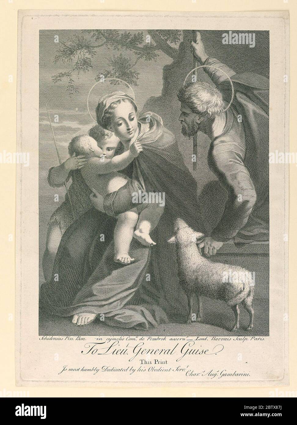 Sainte famille avec Saint Jean. Recherche en progressLa Madonna est assise avec l'enfant. À côté de son Saint et d'un agneau. À gauche, Saint Jean Baptiste embrasse le bébé Jésus. Banque D'Images