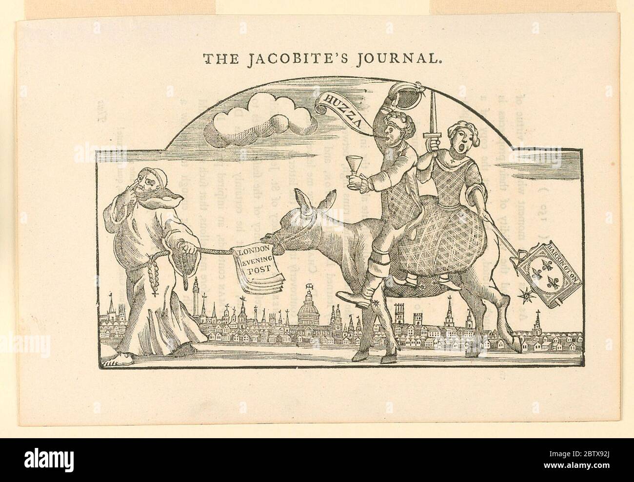 Le Journal des Jacobites. Recherche en ProgressWith une partie supérieure arqué. Un âne dirigé par un moine porte un homme et une femme. L'homme tient un verre de vin dans sa main gauche, lève son chapeau de sa main droite et crie 'Huzza'; la femme tient une épée et un paquet de cartes marquées 'Harrington'. Banque D'Images