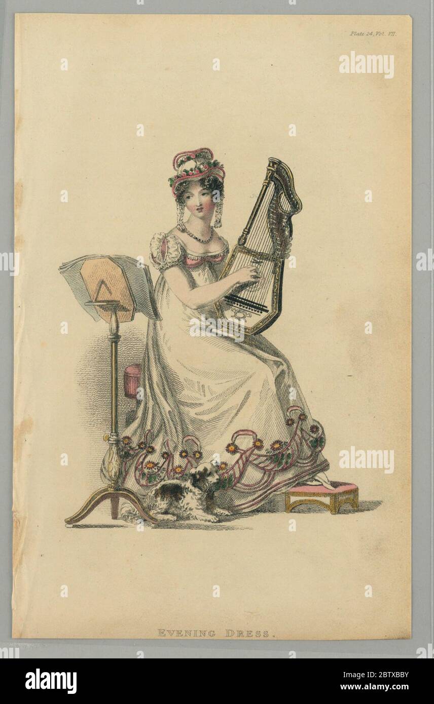 Robe de soirée. Recherche en Progressa femme assis jouant une petite harpe; un chien à ses côtés. Elle porte une robe et un chapeau blancs, avec une bordure rose et des fleurs jaunes et vertes. Titre ci-dessous. Banque D'Images