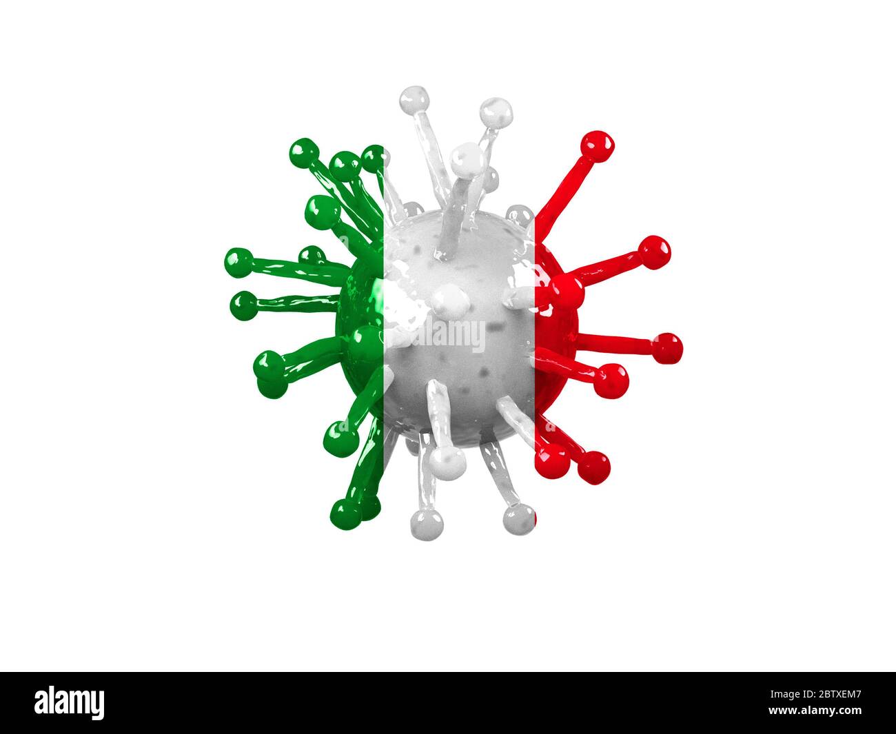 Un modèle de rendu 3d du coronovirus avec le nom Covid-19 avec le drapeau peint de l'Italie et isolé sur un fond blanc. Le concept de la propagation o Banque D'Images