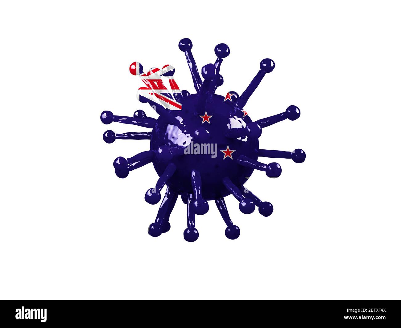 Un modèle de rendu 3d du coronovirus avec le nom Covid-19 avec le drapeau peint de la Nouvelle-Zélande et isolé sur un fond blanc. Le concept de la sp Banque D'Images