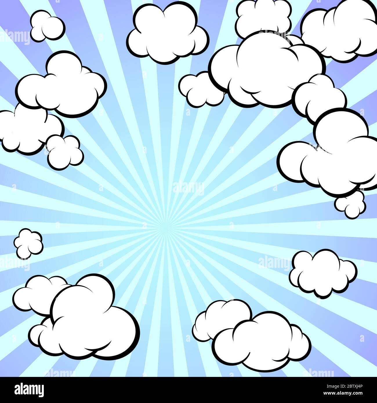 Cadre de nuages peints. Rayons radiaux du soleil. Style rétro. Dessin animé. Format carré. Illustration de Vecteur