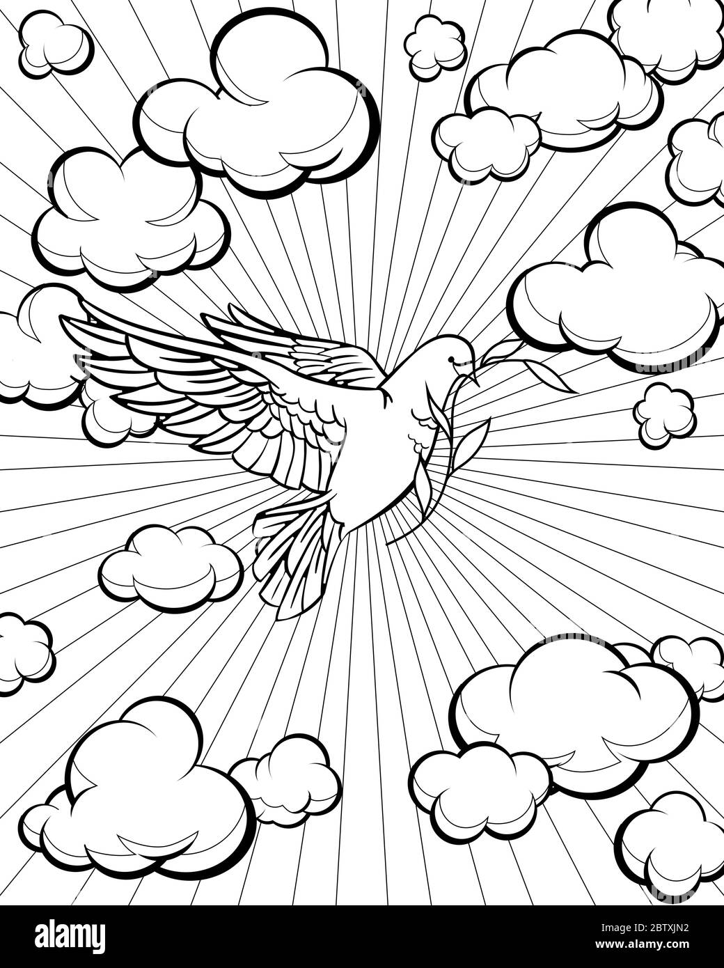 Dove dans la page de coloriage du ciel. Histoire de la Bible. Illustration de Vecteur