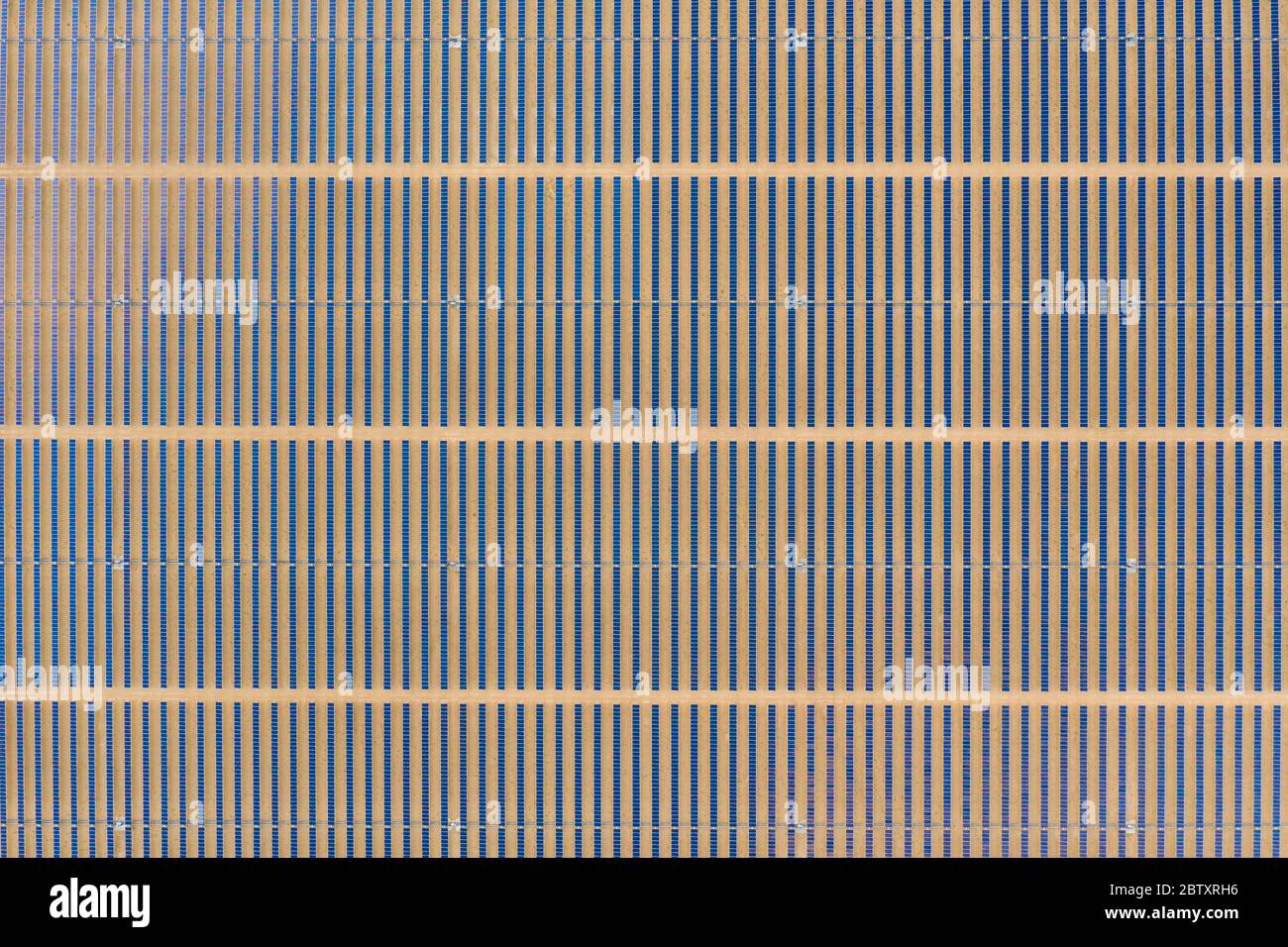 Vue aérienne verticale d'une ferme de panneaux solaires photovoltaïques produisant une énergie renouvelable durable dans une centrale électrique désertique. Banque D'Images