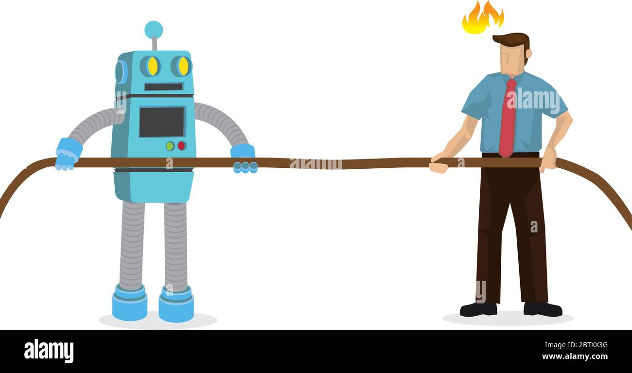 L'homme d'affaires lutte un remorqueur de guerre avec un robot android. Concept de concurrence d'entreprise ou de défi d'entreprise. Illustration vectorielle isolée. Illustration de Vecteur
