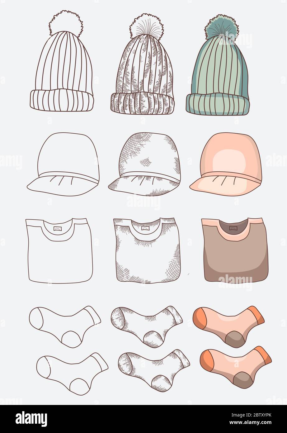 Vêtements. Choses - chapeau, casquette, chaussettes, t-shirt. Différentes options de design : contour, contour, vintage, contour et couleur. Illustration vectorielle Illustration de Vecteur