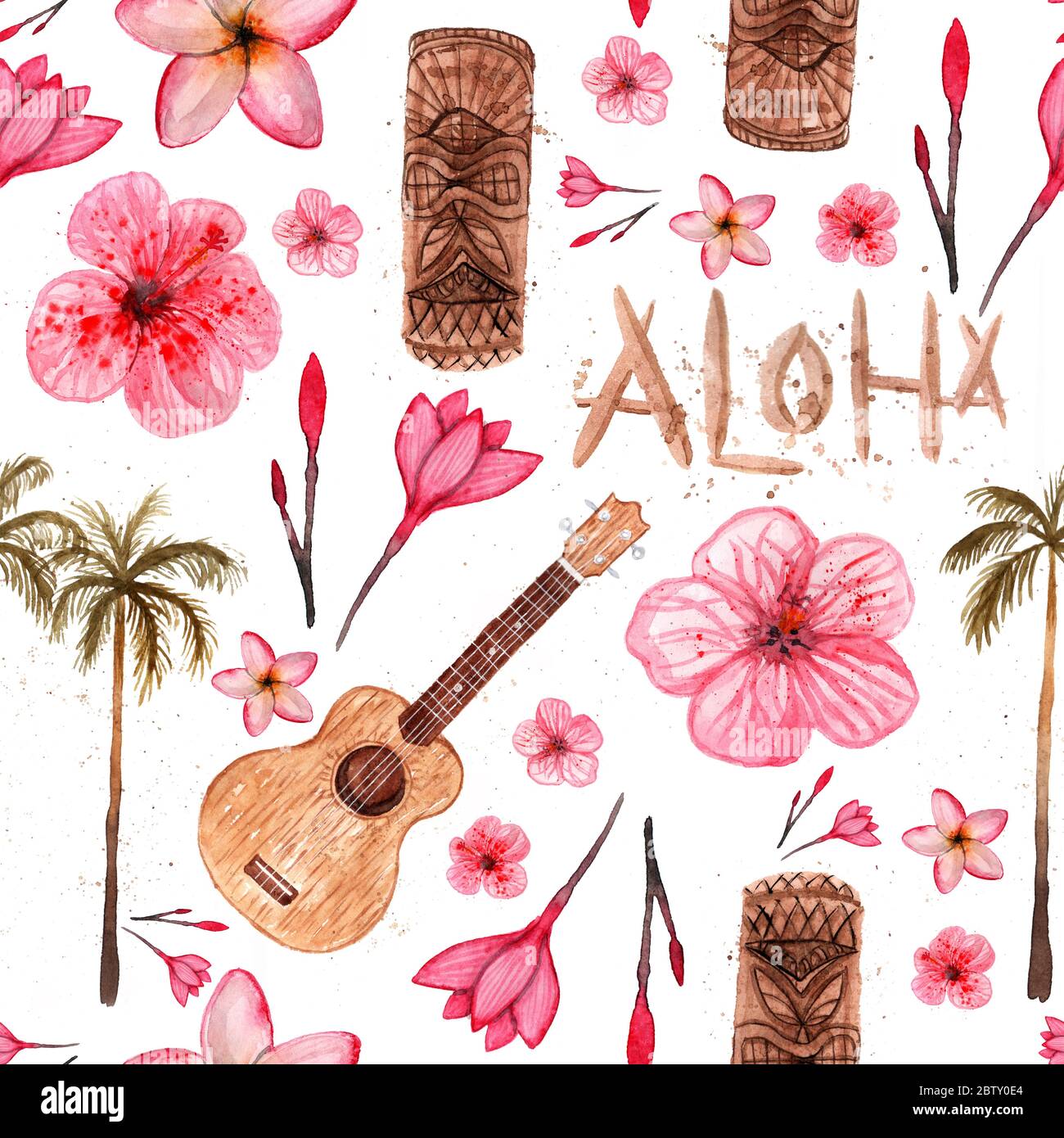 Simbols hawaïens - Luau, Aloha, Tiki, Ukulele, Plumeria, hibiscus palmier sans couture motif Aquarelle illustration Banque D'Images