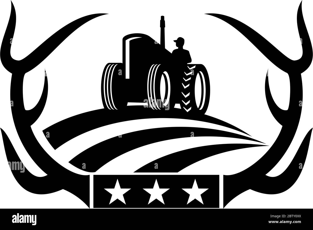 Retro style illustration d'une ossature de bois de cerf un tracteur agricole avec American stars and stripes Drapeau sur fond isolé. Illustration de Vecteur