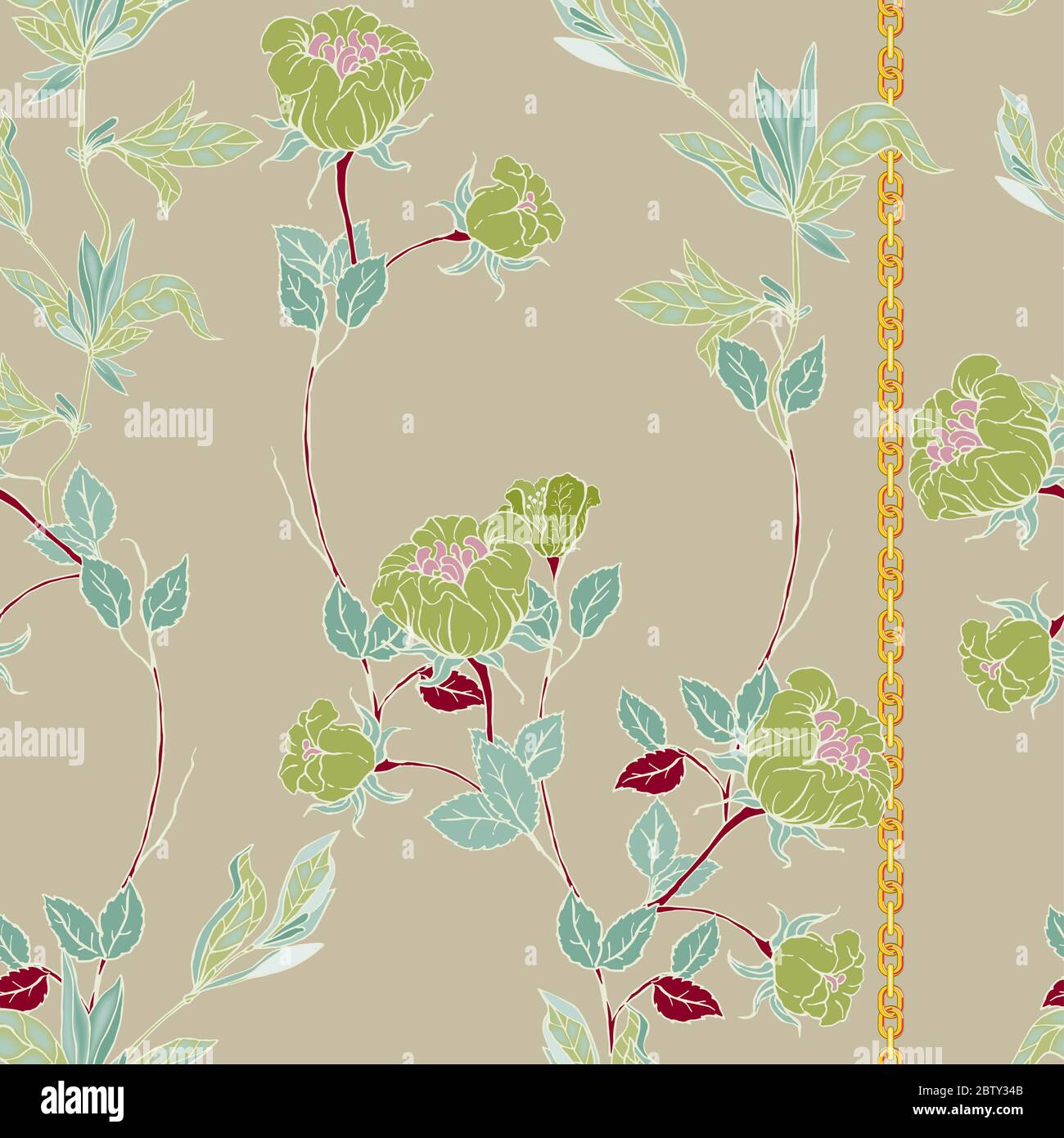 Des brindilles délicates de roses sauvages avec inflorescences, feuilles, pétales et or chaînes verticalement sur un fond vert chartreuse. Motif fleuri sans coutures. Banque D'Images