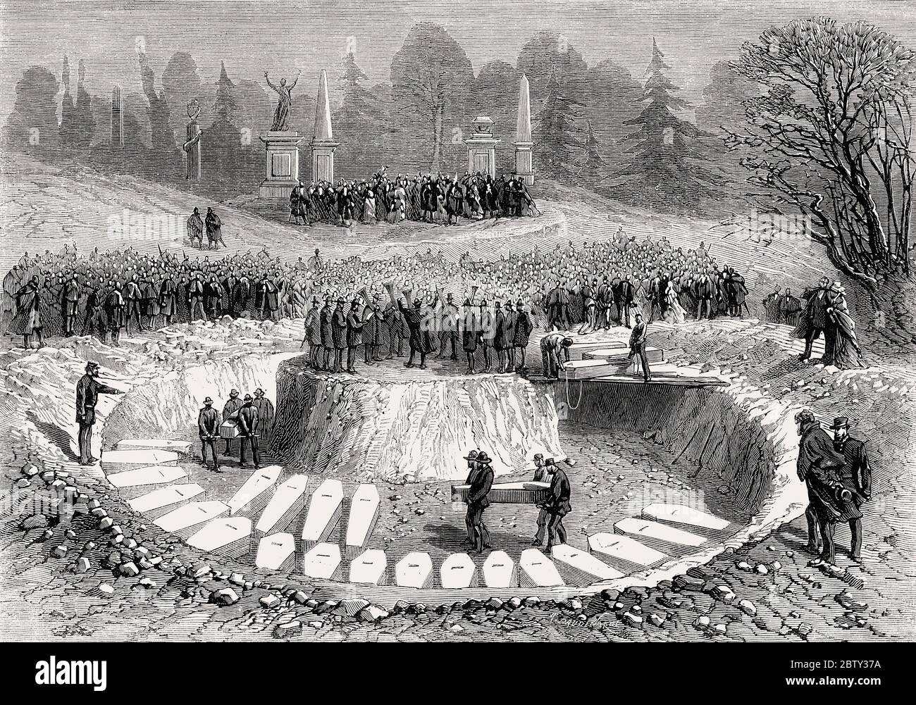 Enterrement des victimes non identifiées après l'incendie du Brooklyn Theatre en 1876, tombe commune au cimetière de Green-Wood, New York Banque D'Images