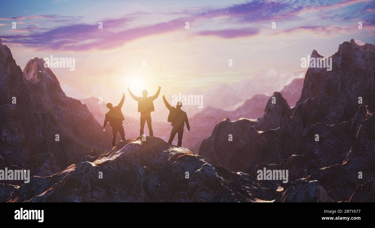 Une équipe de trois personnes célèbre un déjeuner au sommet d'une montagne contre un coucher de soleil. Le concept de l'entreprise et la réalisation des objectifs. rendu 3d Banque D'Images