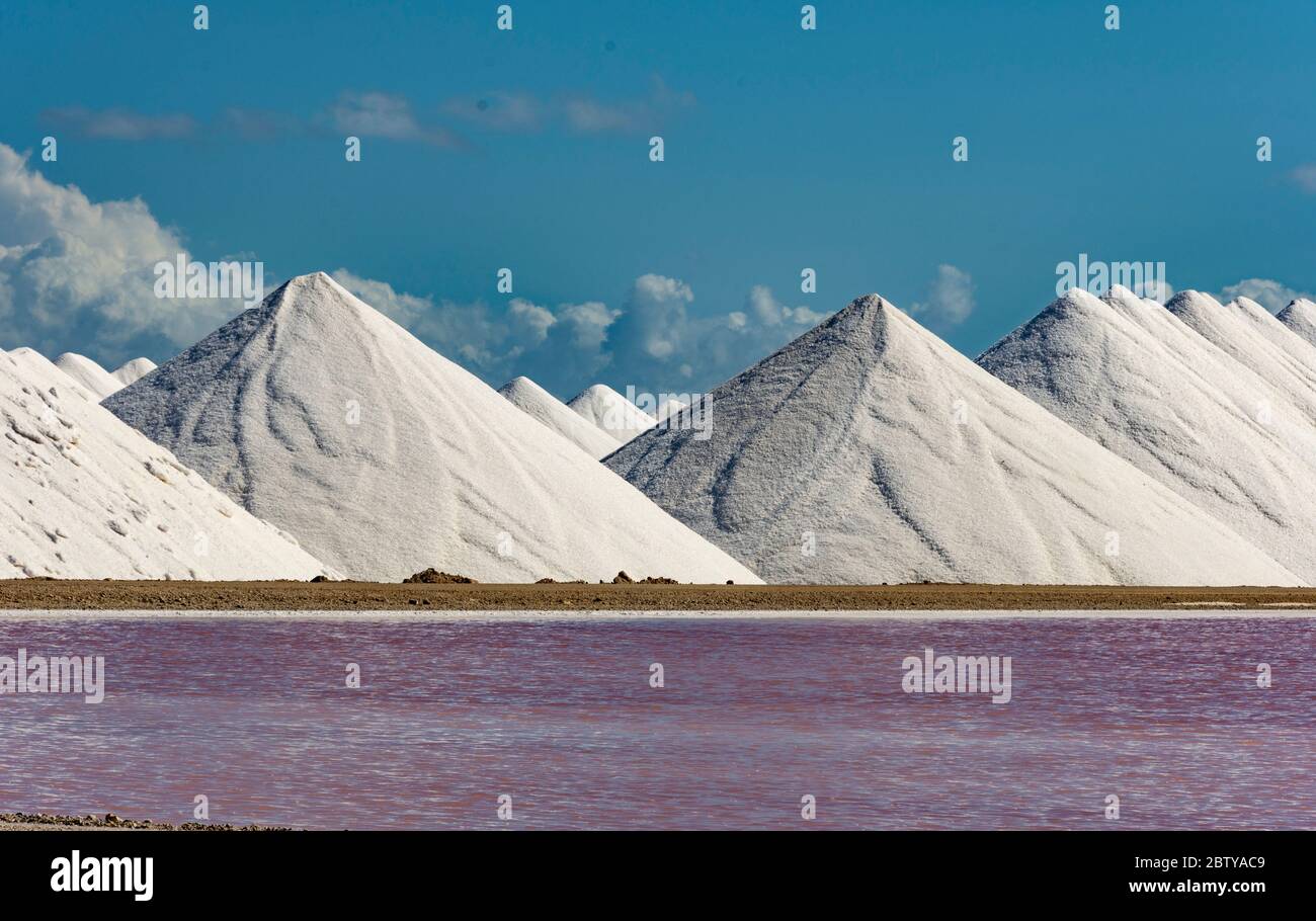 Piles de sel à côté de grandes casseroles de sel, Bonaire, îles ABC, Antilles néerlandaises, Caraïbes, Amérique centrale Banque D'Images