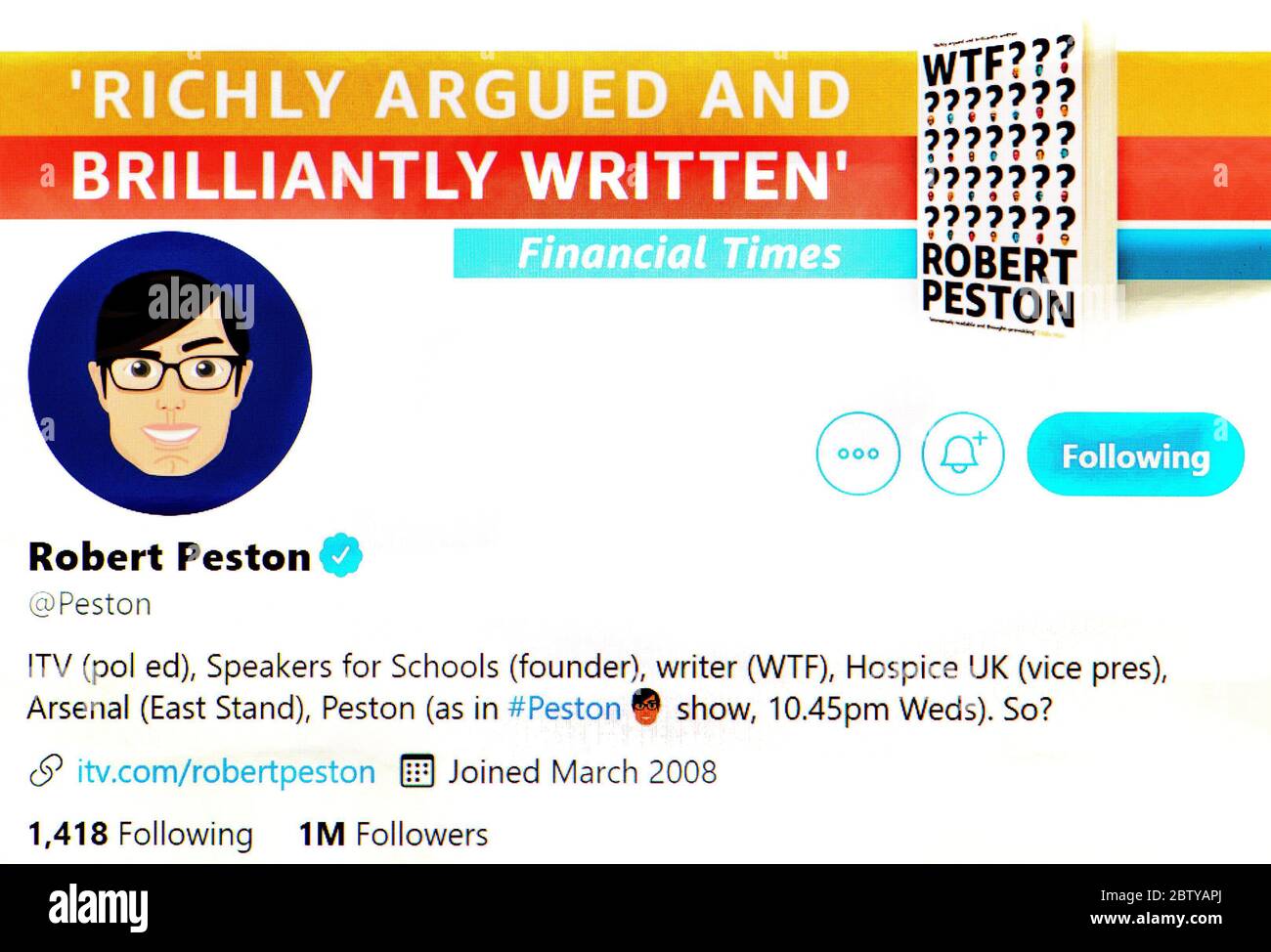 Page Twitter (mai 2020) Robert Peston - ITV News rédacteur politique et présentateur Banque D'Images