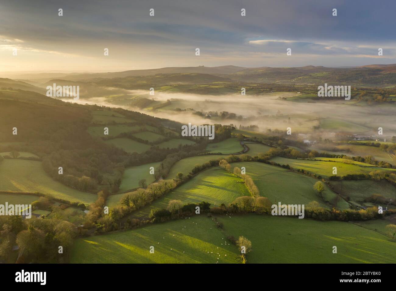 vue aérienne par drone de campagne vallonnée à l'aube en hiver, Devon, Angleterre, Royaume-Uni, Europe Banque D'Images