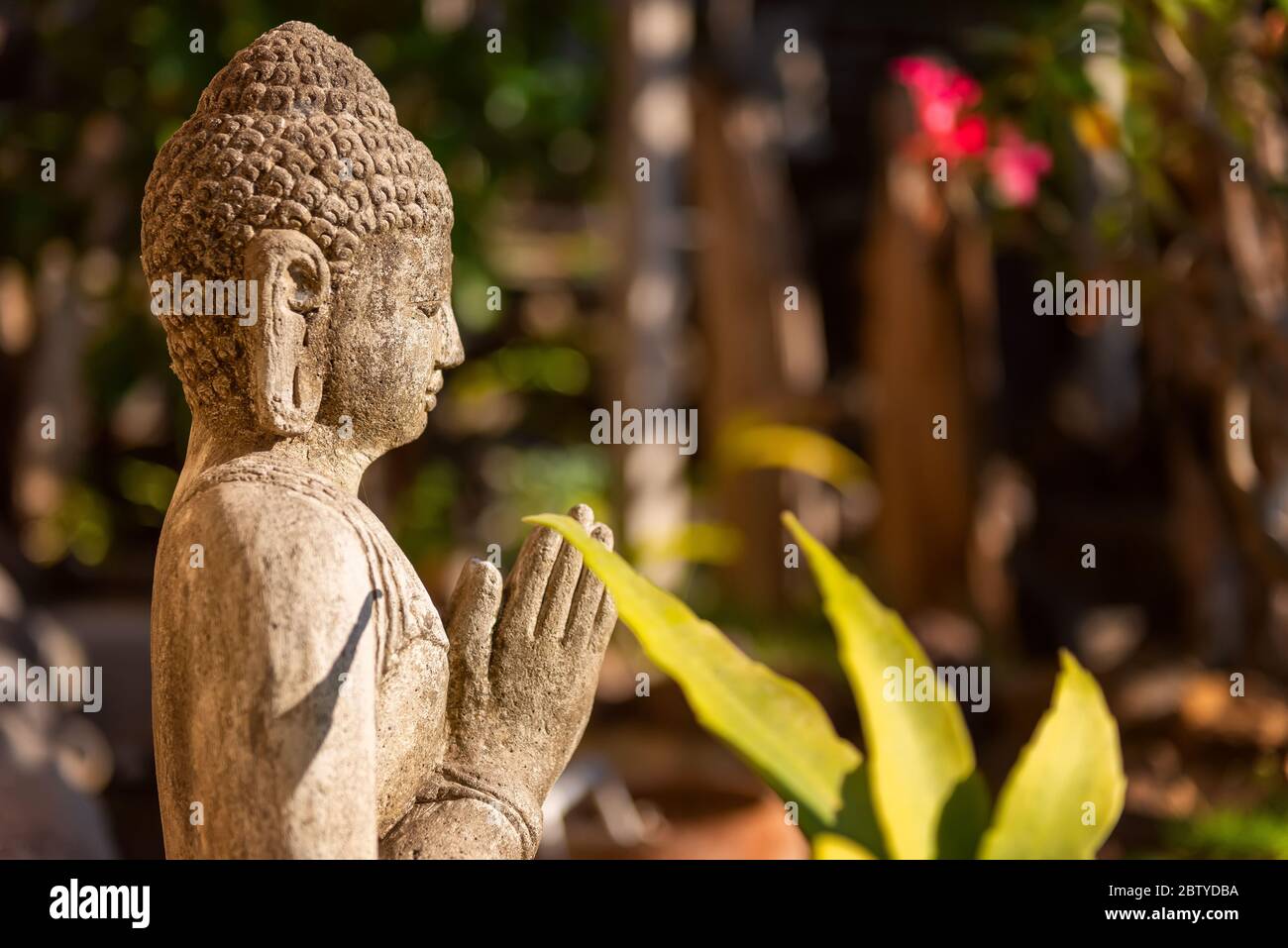 Sculpture traditionnelle en pierre de Bouddha. Extérieur intérieur de style asiatique. Intérieur d'un hôtel de luxe. Bali, Indonésie Banque D'Images