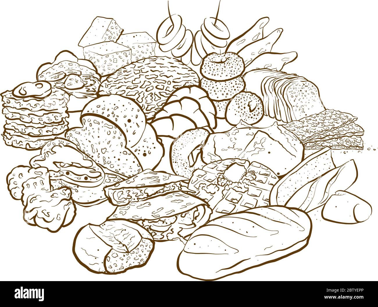 Version de contour d'un énorme ensemble de croquis colorés de produits de boulangerie avec de nombreux types de pain sur fond blanc Illustration de Vecteur