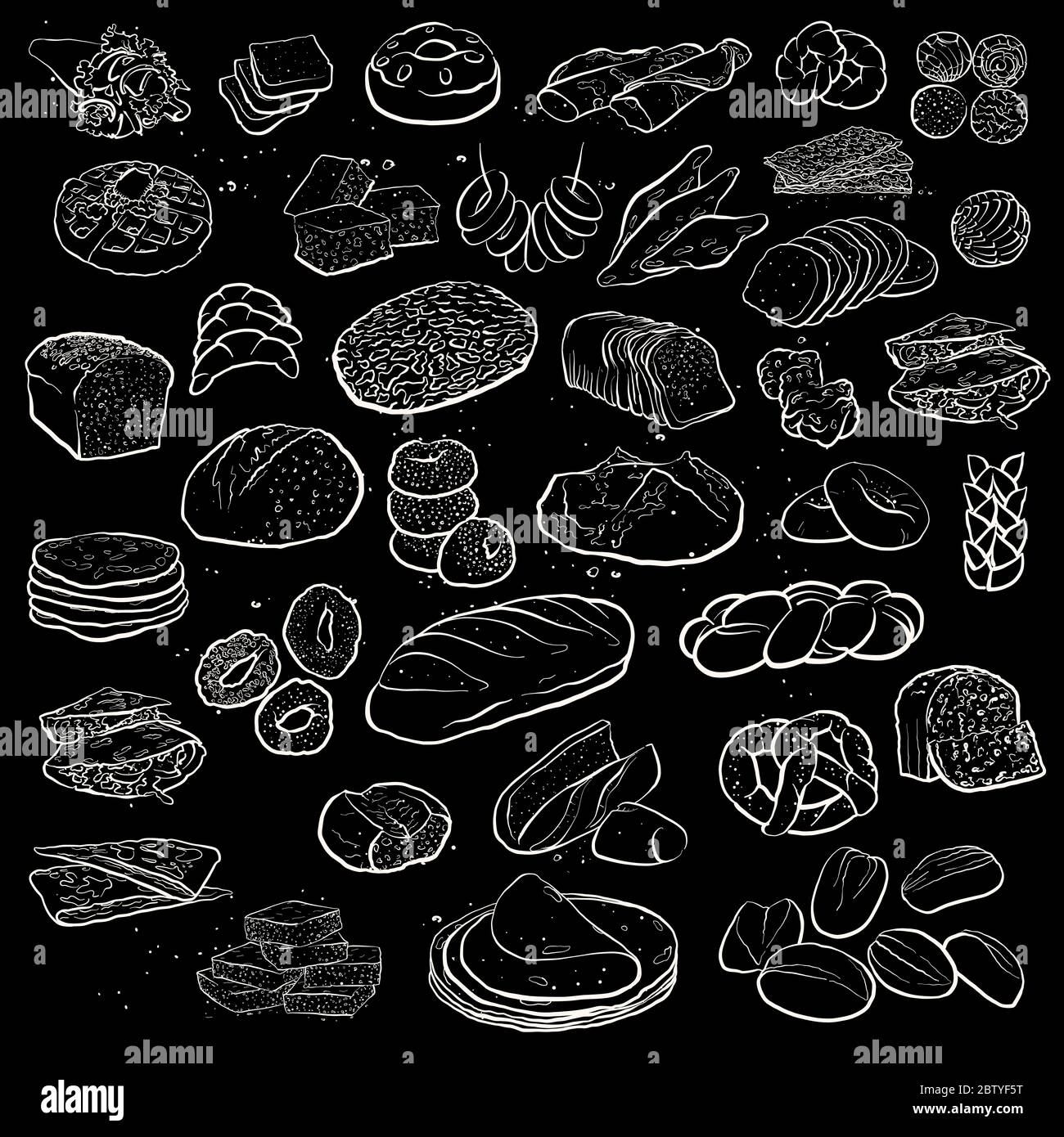 Version de la grande collection de pain dessiné à la main isolé sur fond blanc avec différents types de pain européens et américains. Objets de boulangerie ve Illustration de Vecteur