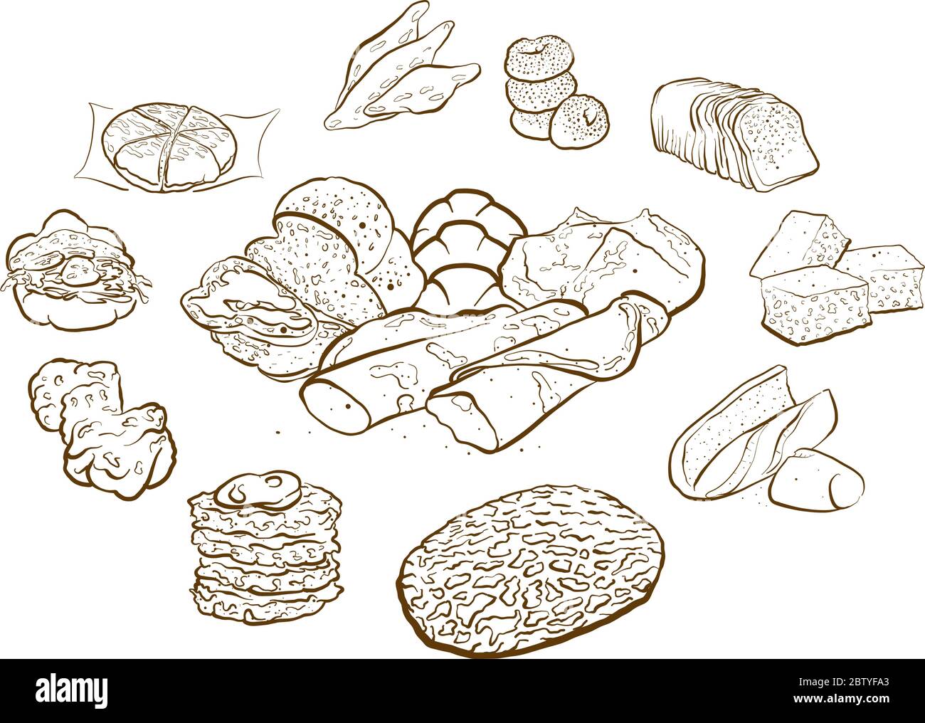 Version vectorielle de la composition en forme de cercle à partir de pain tiré à la main. Illustration vectorielle colorée pour les boulangeries. Composition d'affiche de pain concep Illustration de Vecteur