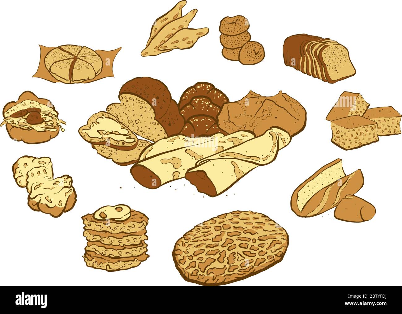 Composition en forme de cercle à partir de pain tiré à la main. Illustration vectorielle colorée pour les boulangeries. Concept de composition d'affiche de pain sur fond blanc Illustration de Vecteur
