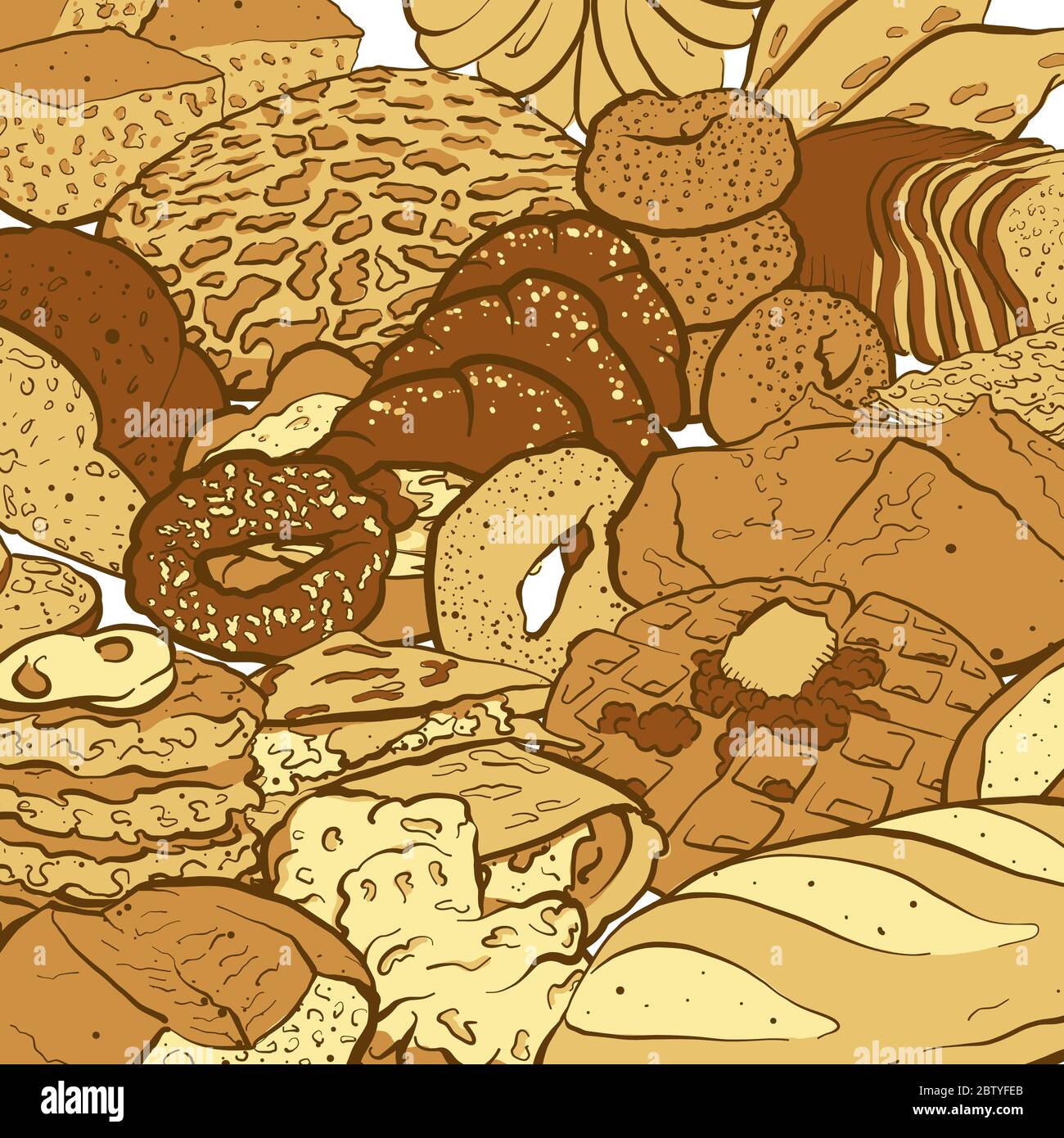 Esquisse vectorielle colorée très détaillée d'une composition avec différents types de pain. Esquisse de remplissage de zone dessinée à la main sur fond blanc. Illustration de Vecteur