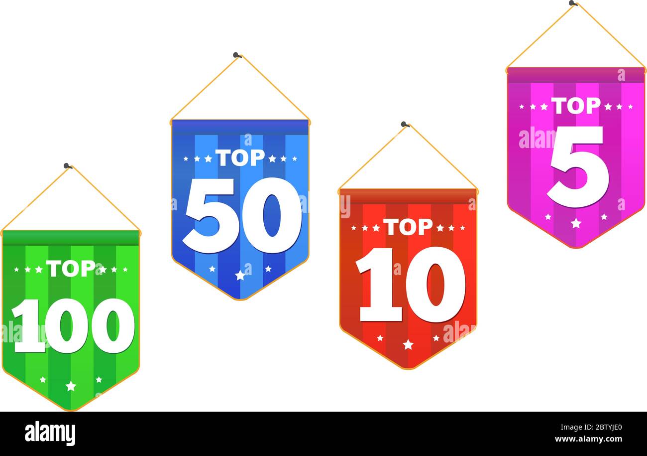 Lot d'autocollants colorés brillants Top 100, 5, 10, 50 avec sourire. Symbole de la victoire obtenue. Illustration vectorielle dans un style plat. Illustration de Vecteur