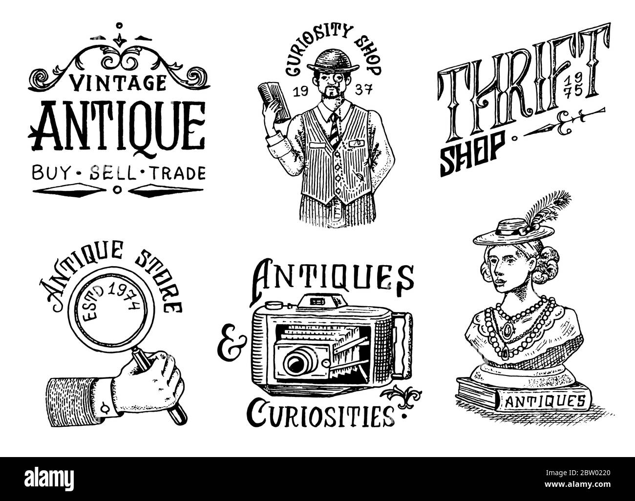 Étiquettes ou badges de magasins d'antiquités. Femme vintage sculpture, appareil photo et loupe, homme gentleman. Mode ancien. Esquisse monochrome gravée à la main Illustration de Vecteur