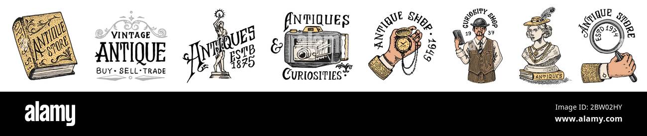 Ensemble d'étiquettes ou de badges pour magasins d'antiquités. Collection de vieux logo victorien vintage pour t-shirts, typographie ou enseignes, bannières. Cadre et sculpture Illustration de Vecteur
