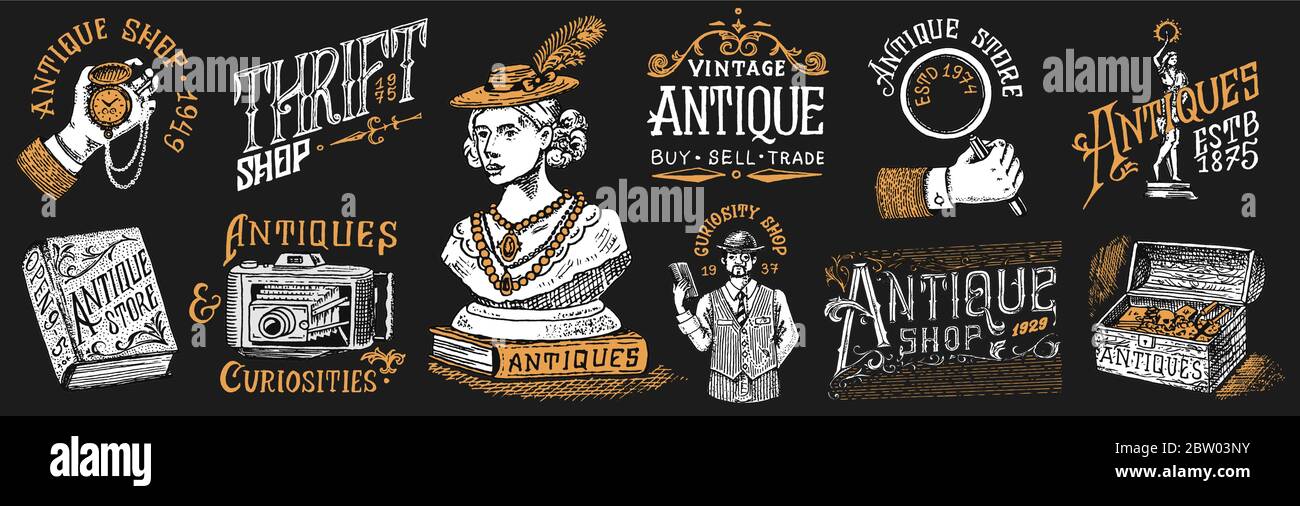 Ensemble d'étiquettes ou de badges pour magasins d'antiquités. Collection de vieux logo victorien vintage pour t-shirts, typographie ou enseignes, bannières. Cadre et sculpture Illustration de Vecteur